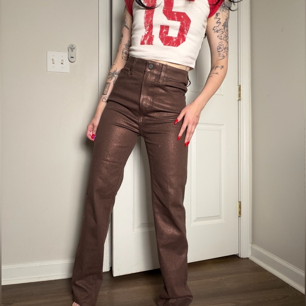 PAIGE Shimmering Brown Straight Leg Jeans